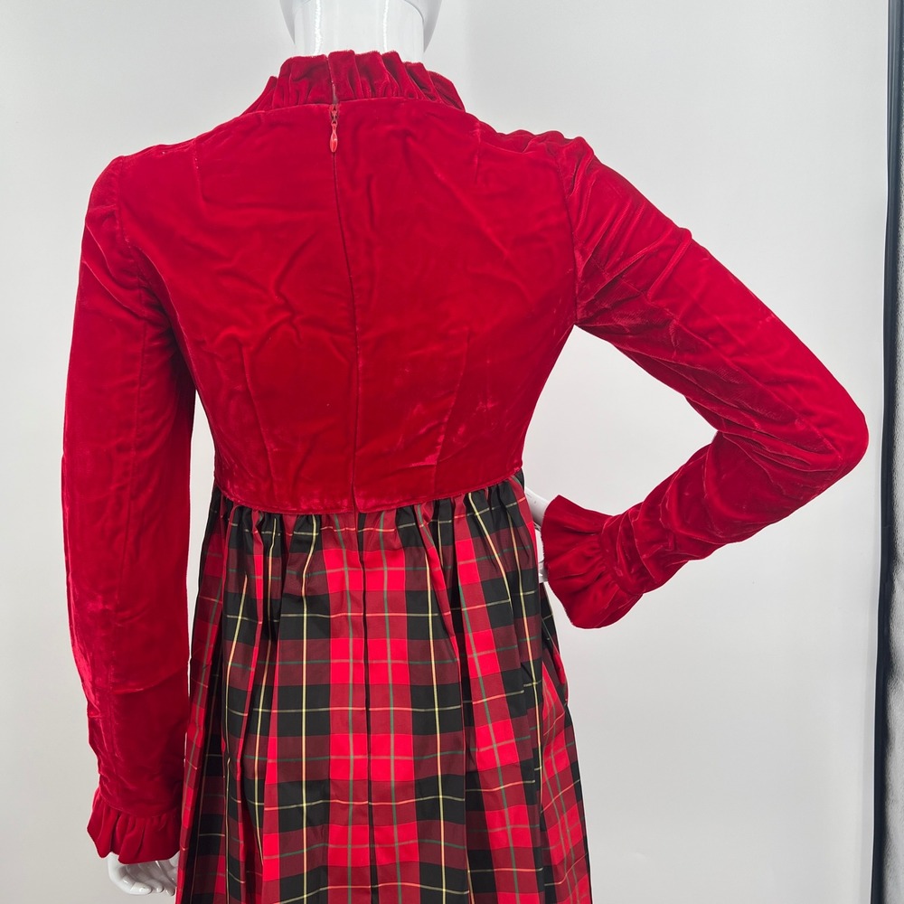 Vintage Regency Red Plaid Long Dress Velvet Bridgerton 70s Cottage Christmas - Picture 5 of 9